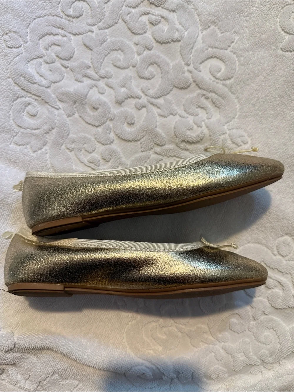 J. Crew Gold Metallic Ballet Flats with Bow Trim